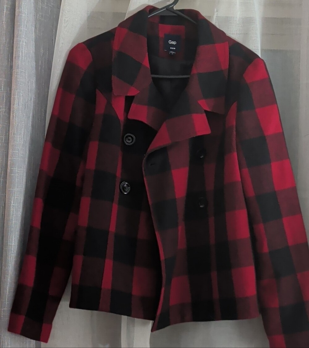 Women's GAP Red and Black Wool Buffalo Plaid Double-Breasted Peacoat